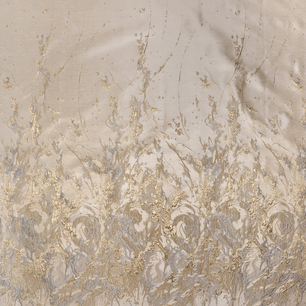 Metallic Polyester Brocade Panel - Beige, Gold and Silvery Gray Paint Splatters and Swirls - Deadstock