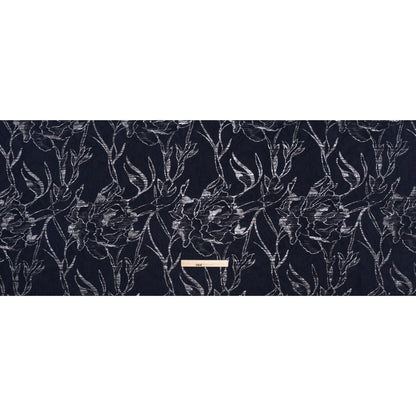 Metallic Polyester Brocade - Navy Blue and Silver Gray Floral Drawings - Deadstock - Full