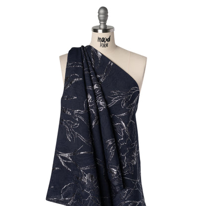 Metallic Polyester Brocade - Navy Blue and Silver Gray Floral Drawings - Deadstock Drape