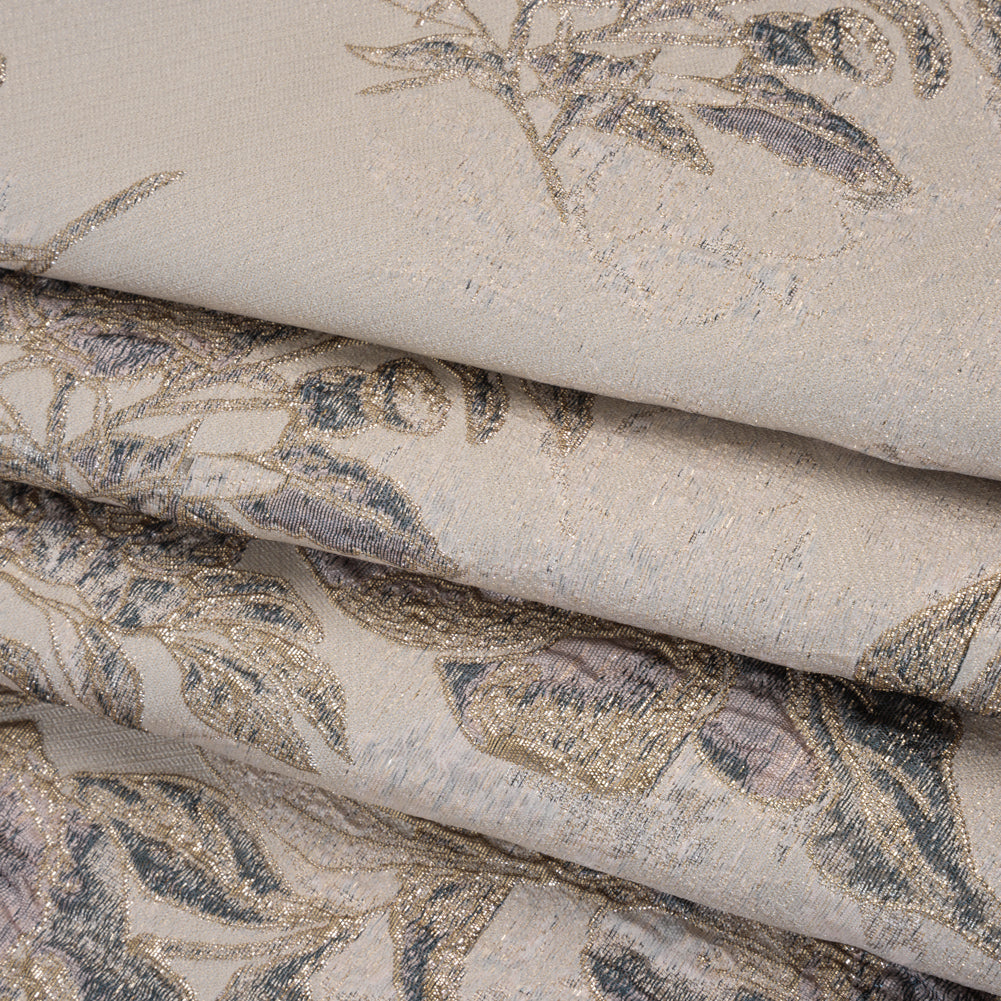 Metallic Polyester Brocade - Pale Pink, Steel Blue and Gold Floral - Deadstock Folded