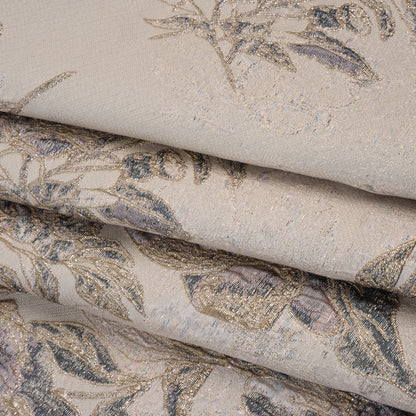 Metallic Polyester Brocade - Pale Pink, Steel Blue and Gold Floral - Deadstock Folded