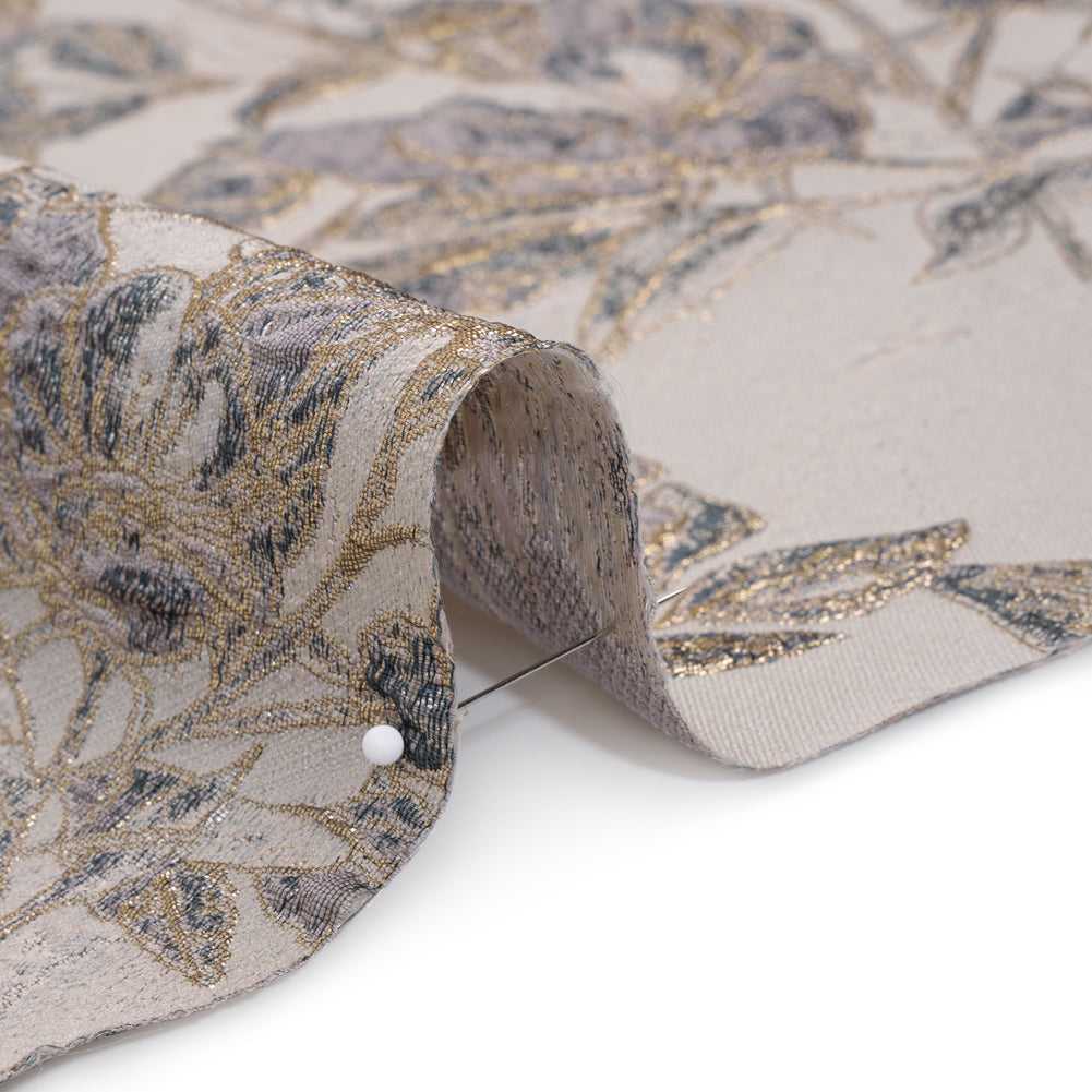 Metallic Polyester Brocade - Pale Pink, Steel Blue and Gold Floral - Deadstock Detail
