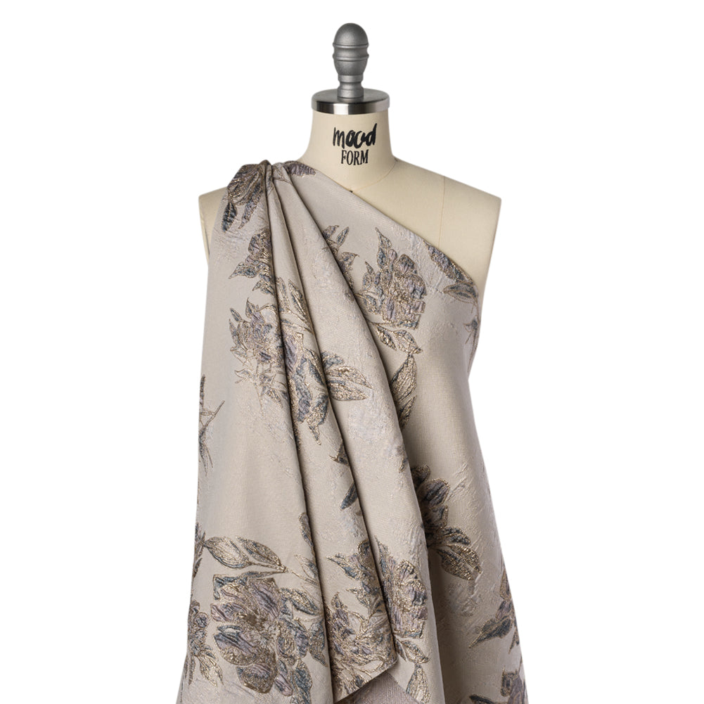 Metallic Polyester Brocade - Pale Pink, Steel Blue and Gold Floral - Deadstock Drape