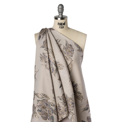 Metallic Polyester Brocade - Pale Pink, Steel Blue and Gold Floral - Deadstock Drape