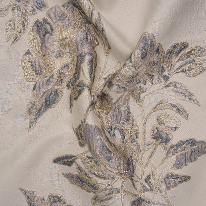 Metallic Polyester Brocade - Pale Pink, Steel Blue and Gold Floral - Deadstock