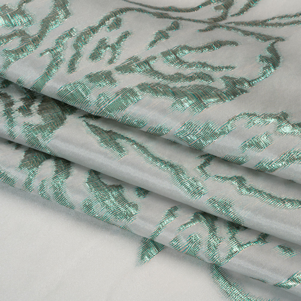 Metallic Polyester Brocade - Light Gray and Emerald Green Floral - Deadstock Folded