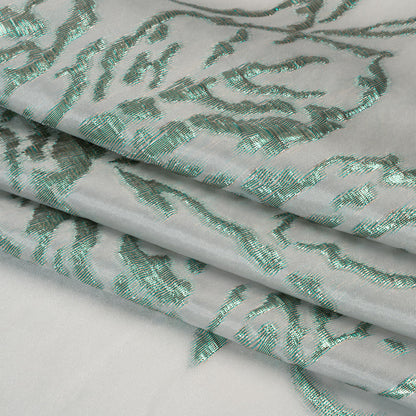 Metallic Polyester Brocade - Light Gray and Emerald Green Floral - Deadstock Folded