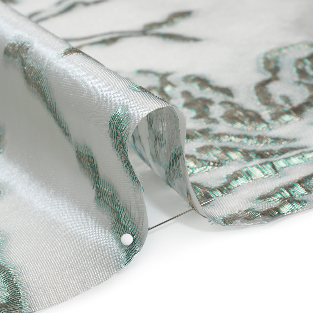 Metallic Polyester Brocade - Light Gray and Emerald Green Floral - Deadstock Detail