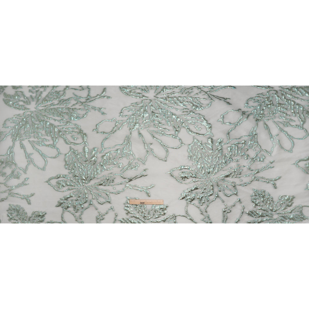 Metallic Polyester Brocade - Light Gray and Emerald Green Floral - Deadstock - Full