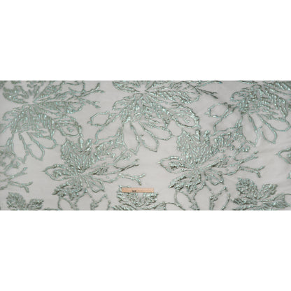 Metallic Polyester Brocade - Light Gray and Emerald Green Floral - Deadstock - Full