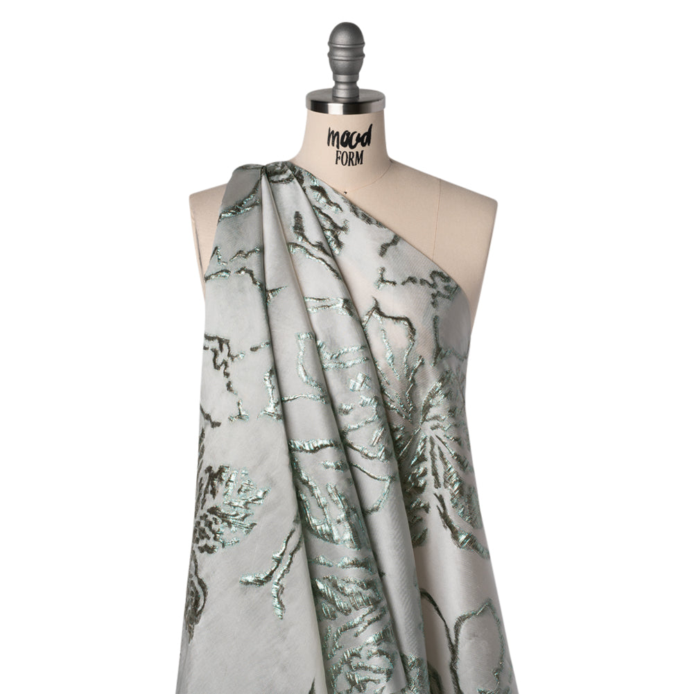Metallic Polyester Brocade - Light Gray and Emerald Green Floral - Deadstock Drape