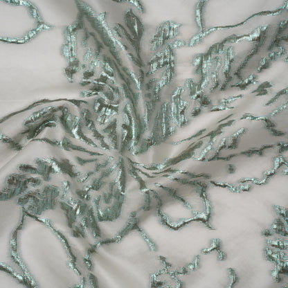 Metallic Polyester Brocade - Light Gray and Emerald Green Floral - Deadstock