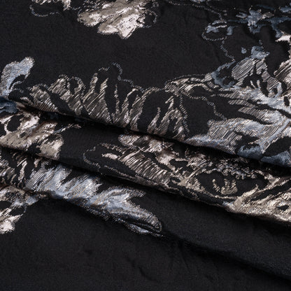 Metallic Polyester Brocade - Black, Sky Blue and Rose Gold Florals on Paisley - Deadstock Folded