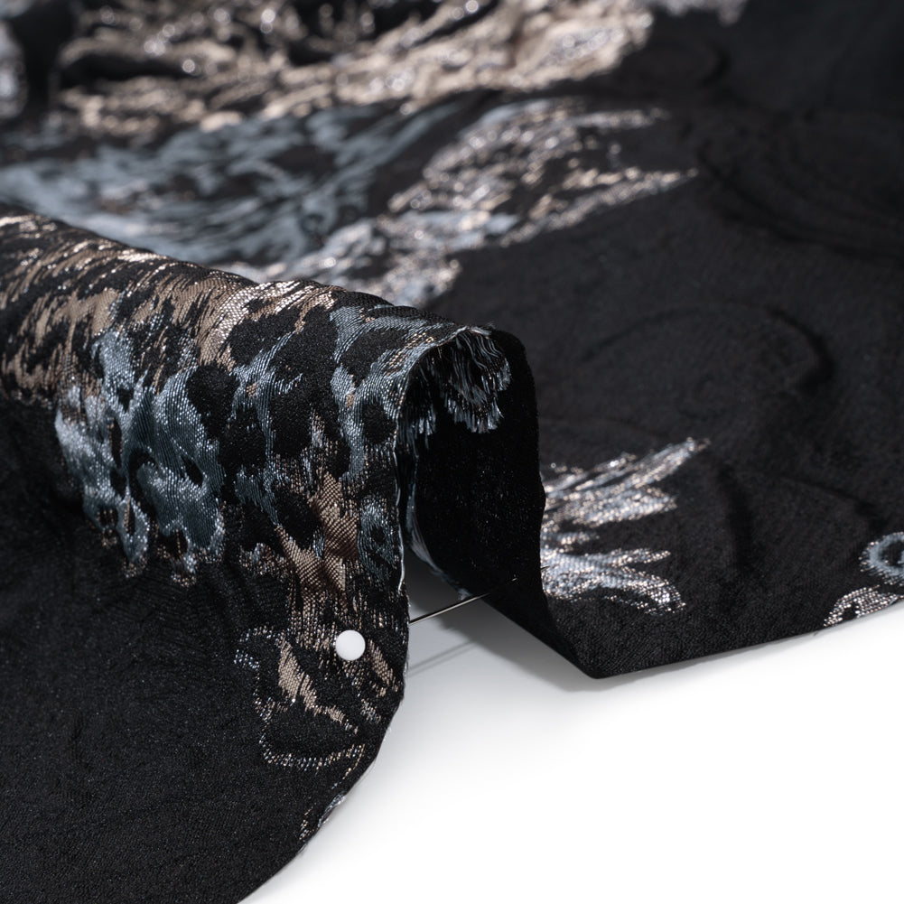 Metallic Polyester Brocade - Black, Sky Blue and Rose Gold Florals on Paisley - Deadstock Detail