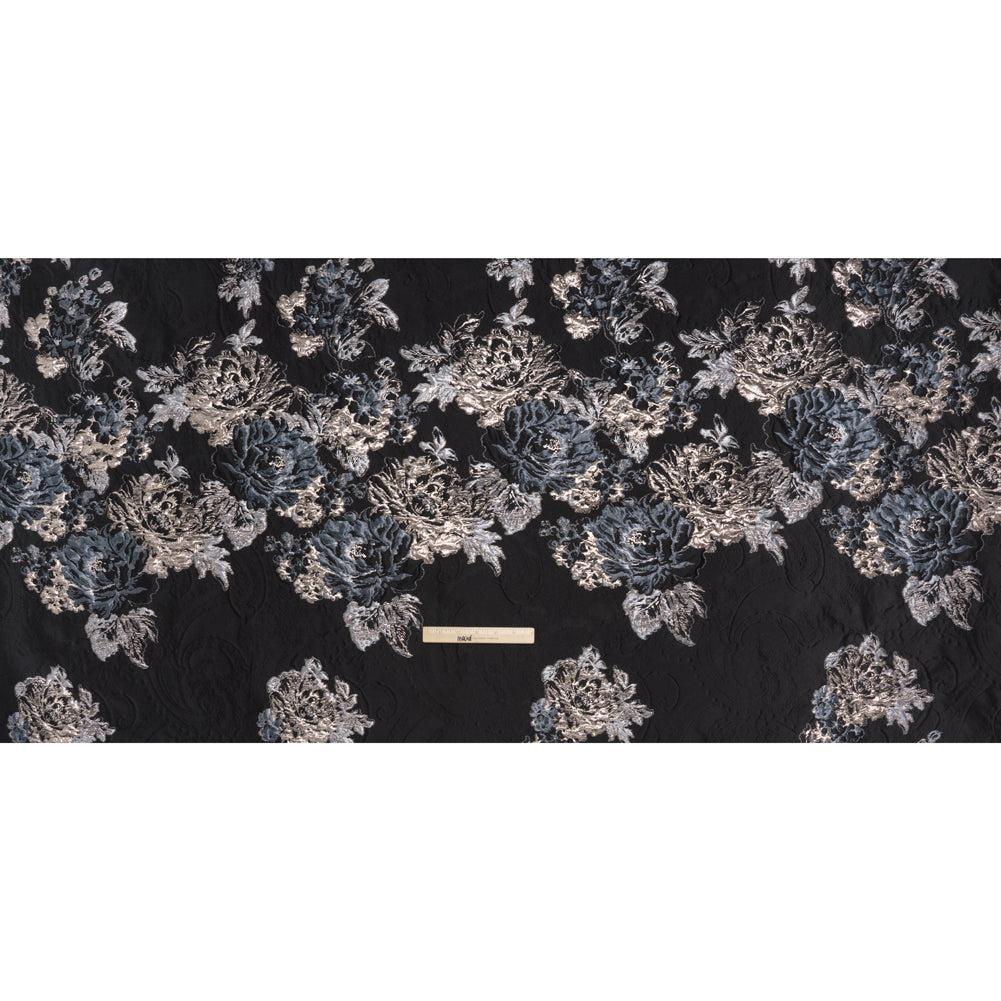 Metallic Polyester Brocade - Black, Sky Blue and Rose Gold Florals on Paisley - Deadstock - Full