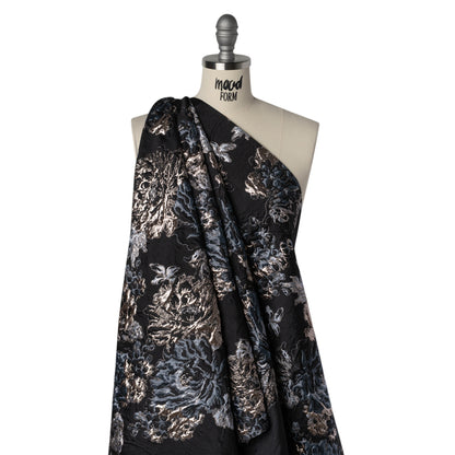 Metallic Polyester Brocade - Black, Sky Blue and Rose Gold Florals on Paisley - Deadstock Drape