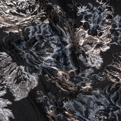 Metallic Polyester Brocade - Black, Sky Blue and Rose Gold Florals on Paisley - Deadstock