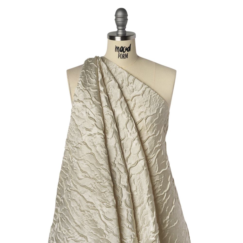 Metallic Polyester Brocade - Ivory Abstract Lines - Deadstock Drape