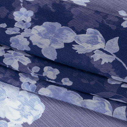 Crinkled Silk Chiffon Print by Carolina Herrera - Dark Blue and White Ghostly Flowers - Designer Deadstock