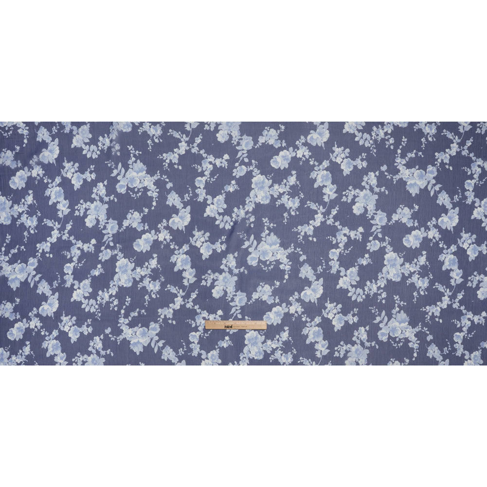 Crinkled Silk Chiffon Print by Carolina Herrera - Dark Blue and White Ghostly Flowers - Designer Deadstock