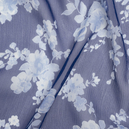 Crinkled Silk Chiffon Print by Carolina Herrera - Dark Blue and White Ghostly Flowers - Designer Deadstock