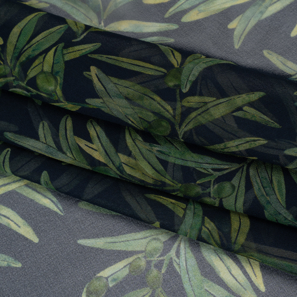 Silk Chiffon Print by Carolina Herrera - Midnight Navy and Green Olive Branches - Designer Deadstock