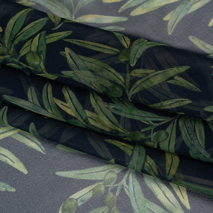 Silk Chiffon Print by Carolina Herrera - Midnight Navy and Green Olive Branches - Designer Deadstock
