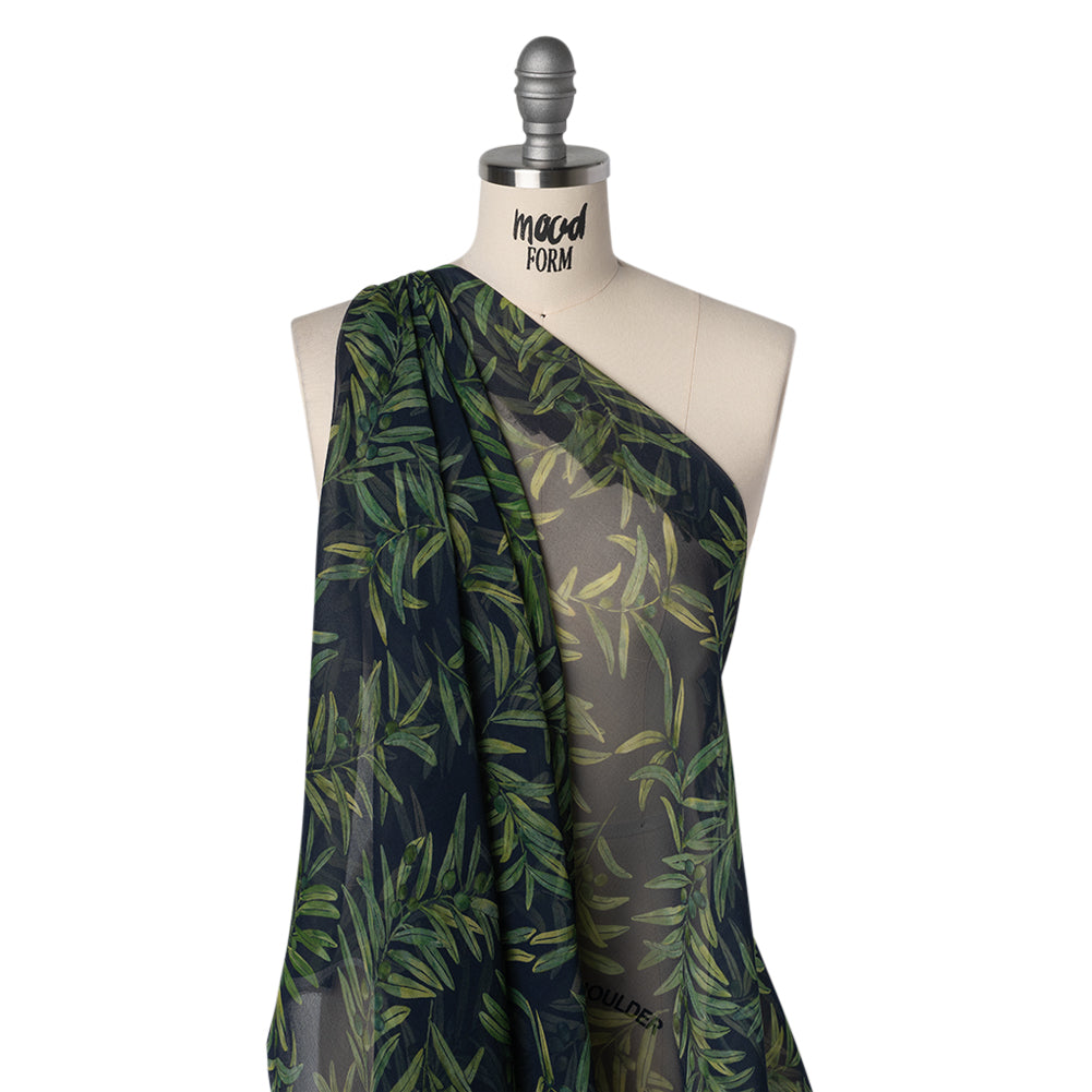Silk Chiffon Print by Carolina Herrera - Midnight Navy and Green Olive Branches - Designer Deadstock