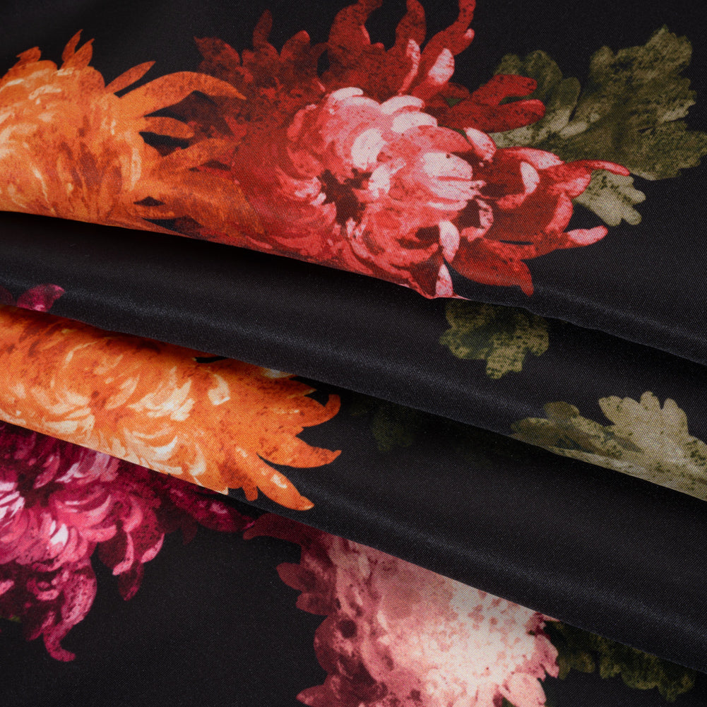 Polyester Faille Print by Carolina Herrera - Black, Orange and Pink Chrysanthemum Floral - Designer Deadstock