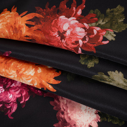 Polyester Faille Print by Carolina Herrera - Black, Orange and Pink Chrysanthemum Floral - Designer Deadstock