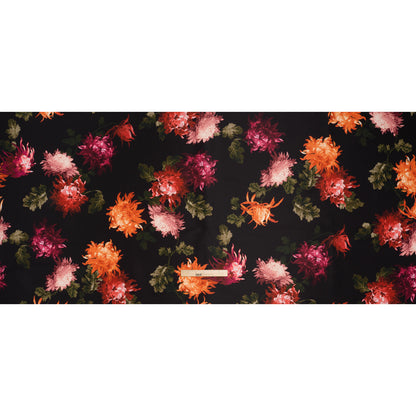 Polyester Faille Print by Carolina Herrera - Black, Orange and Pink Chrysanthemum Floral - Designer Deadstock