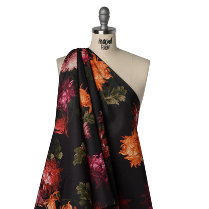 Polyester Faille Print by Carolina Herrera - Black, Orange and Pink Chrysanthemum Floral - Designer Deadstock