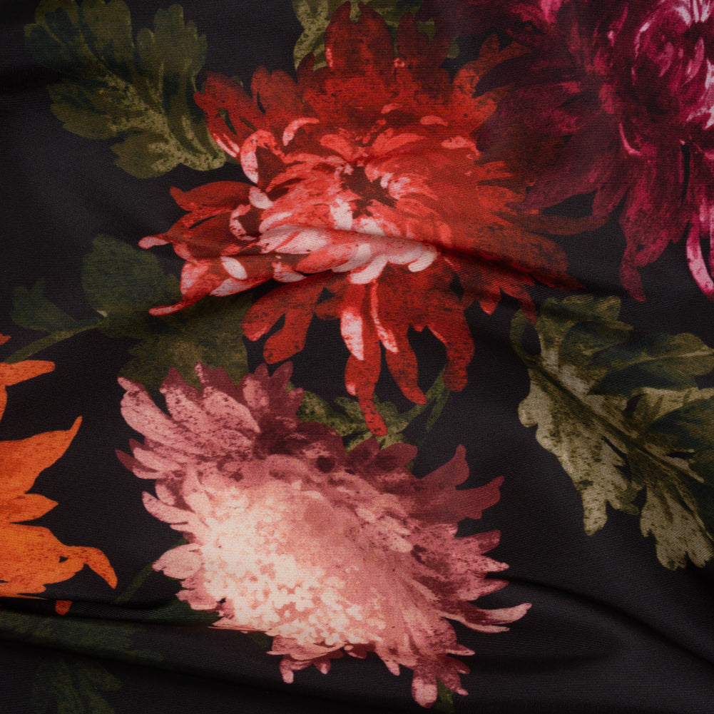 Polyester Faille Print by Carolina Herrera - Black, Orange and Pink Chrysanthemum Floral - Designer Deadstock