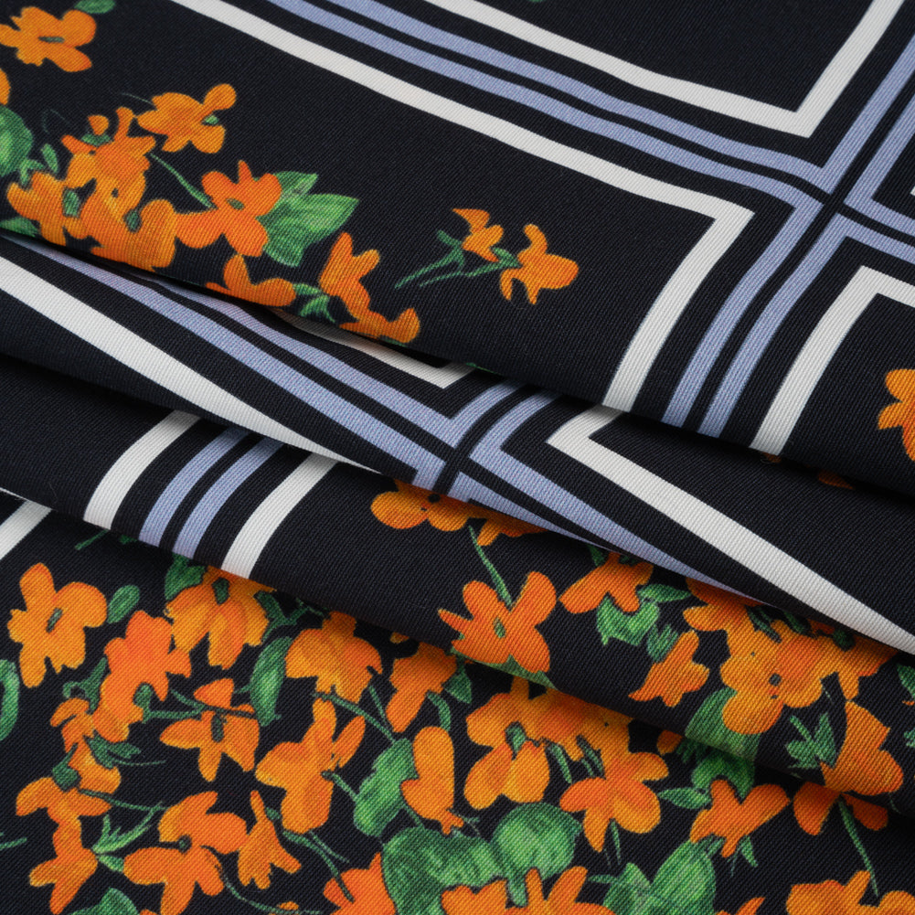 Stretch Cotton and Viscose Faille Print by Carolina Herrera - Black, Country Blue and Orange Floral Bunch Squares - Designer Deadstock