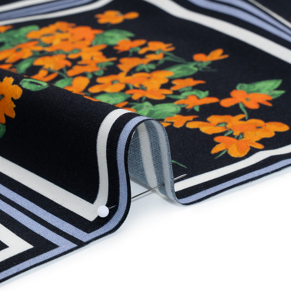 Stretch Cotton and Viscose Faille Print by Carolina Herrera - Black, Country Blue and Orange Floral Bunch Squares - Designer Deadstock