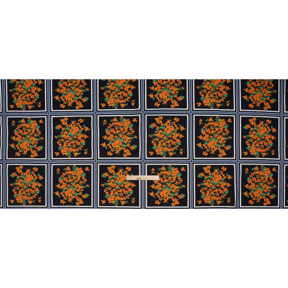 Stretch Cotton and Viscose Faille Print by Carolina Herrera - Black, Country Blue and Orange Floral Bunch Squares - Designer Deadstock