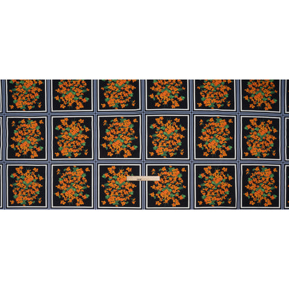 Stretch Cotton and Viscose Faille Print by Carolina Herrera - Black, Country Blue and Orange Floral Bunch Squares - Designer Deadstock
