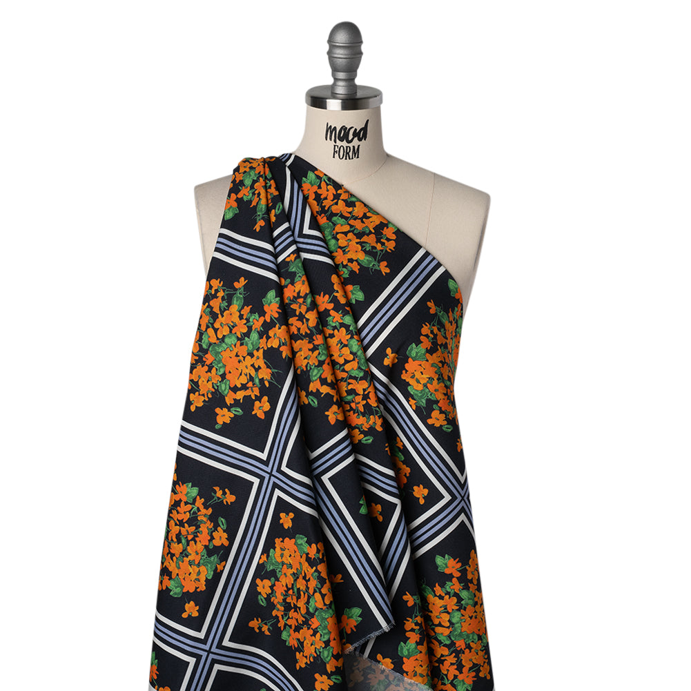 Stretch Cotton and Viscose Faille Print by Carolina Herrera - Black, Country Blue and Orange Floral Bunch Squares - Designer Deadstock