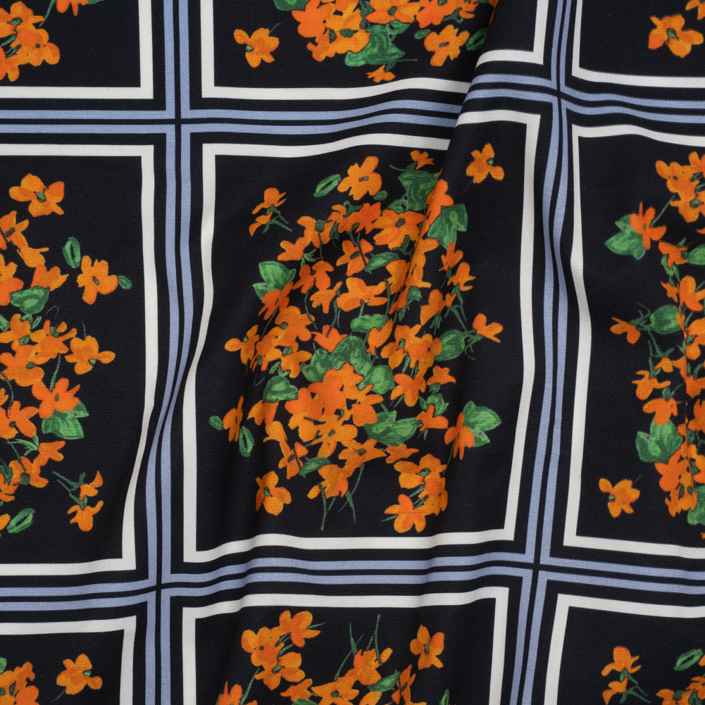 Stretch Cotton and Viscose Faille Print by Carolina Herrera - Black, Country Blue and Orange Floral Bunch Squares - Designer Deadstock