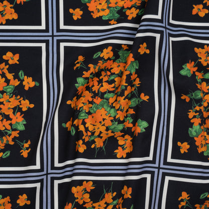 Stretch Cotton and Viscose Faille Print by Carolina Herrera - Black, Country Blue and Orange Floral Bunch Squares - Designer Deadstock