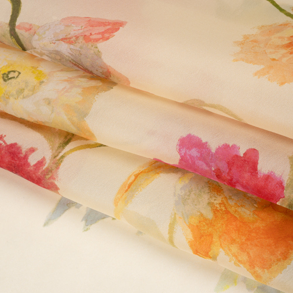 Satin Faced Silk Organza Print by Carolina Herrera - Cream, Pink and Orange Watercolor Florals - Designer Deadstock