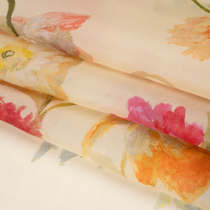 Satin Faced Silk Organza Print by Carolina Herrera - Cream, Pink and Orange Watercolor Florals - Designer Deadstock