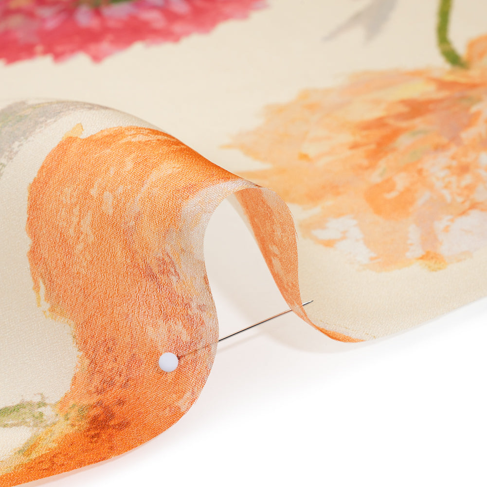 Satin Faced Silk Organza Print by Carolina Herrera - Cream, Pink and Orange Watercolor Florals - Designer Deadstock