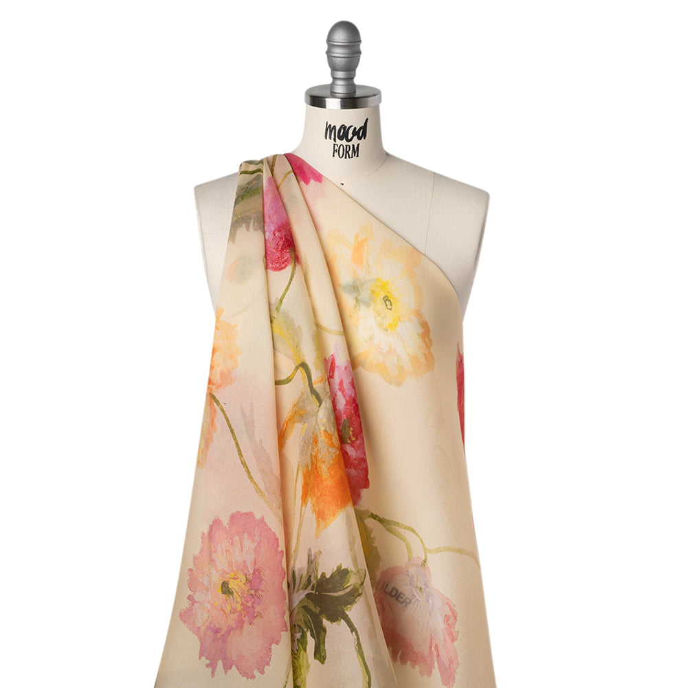 Satin Faced Silk Organza Print by Carolina Herrera - Cream, Pink and Orange Watercolor Florals - Designer Deadstock