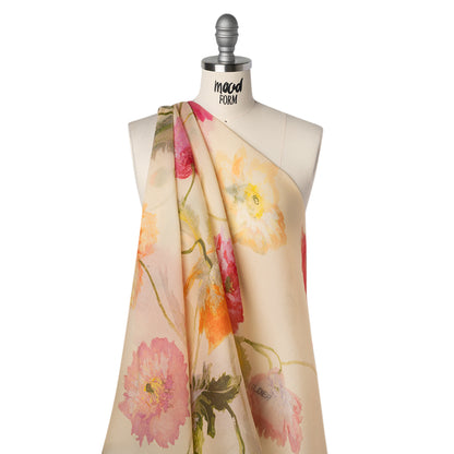 Satin Faced Silk Organza Print by Carolina Herrera - Cream, Pink and Orange Watercolor Florals - Designer Deadstock
