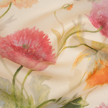 Satin Faced Silk Organza Print by Carolina Herrera - Cream, Pink and Orange Watercolor Florals - Designer Deadstock