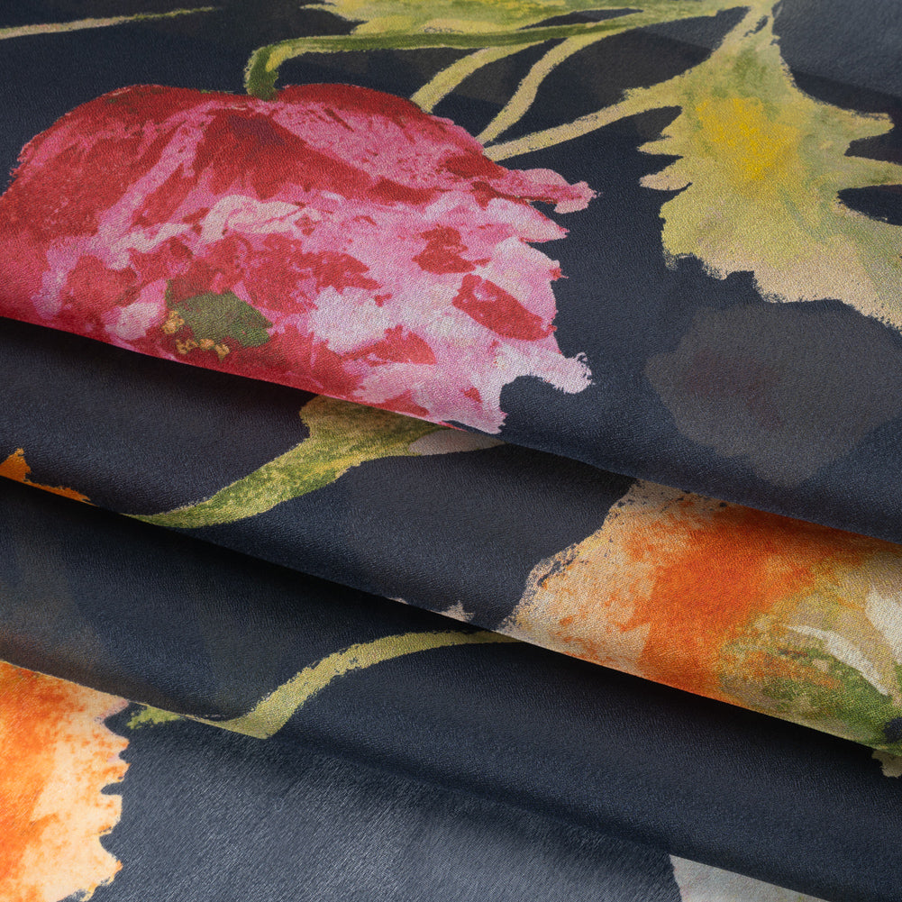 Satin Faced Silk Organza Print by Carolina Herrera - Navy, Pink and Orange Watercolor Florals - Designer Deadstock
