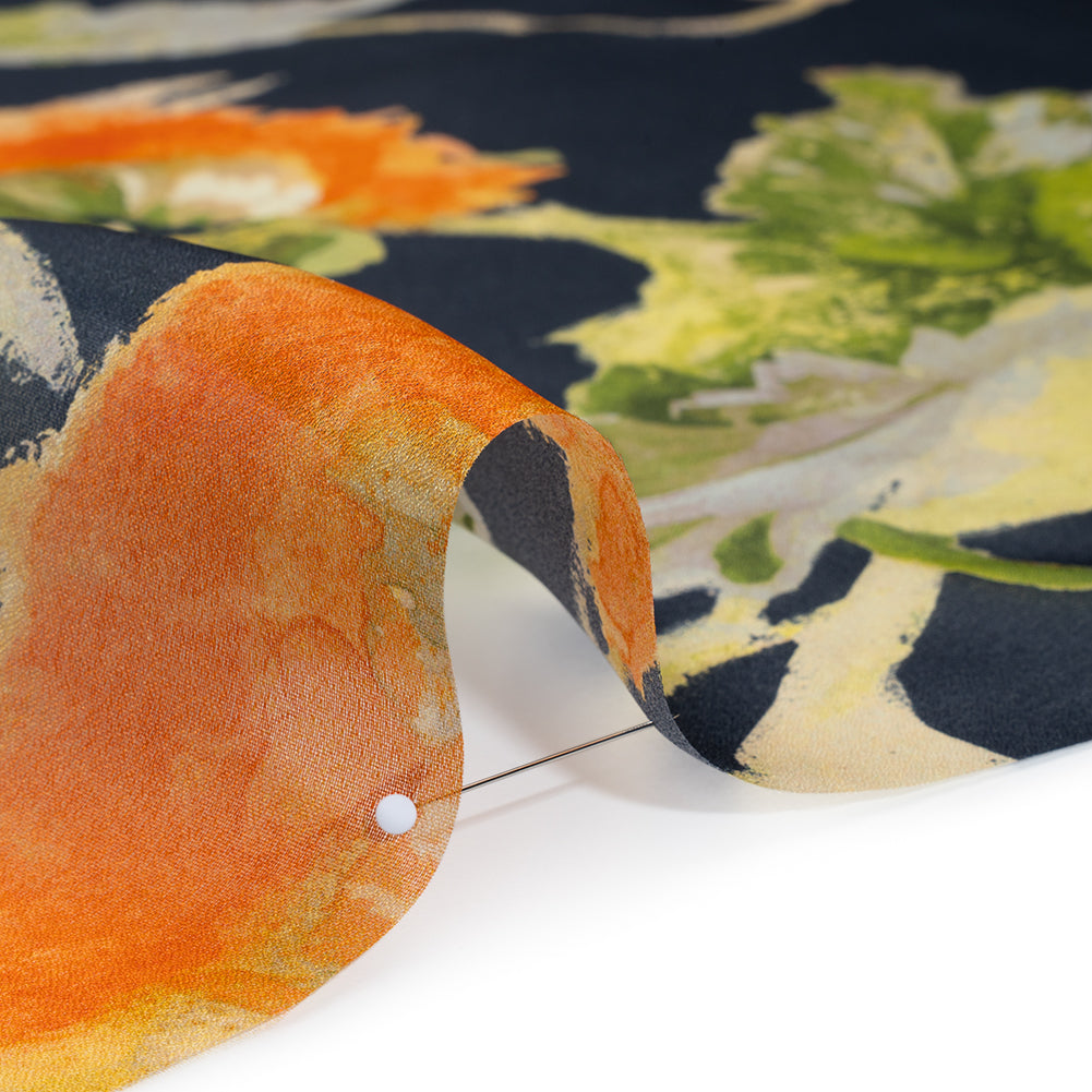 Satin Faced Silk Organza Print by Carolina Herrera - Navy, Pink and Orange Watercolor Florals - Designer Deadstock