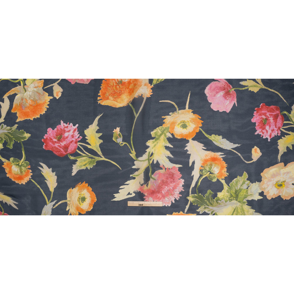 Satin Faced Silk Organza Print by Carolina Herrera - Navy, Pink and Orange Watercolor Florals - Designer Deadstock