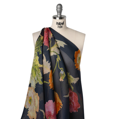 Satin Faced Silk Organza Print by Carolina Herrera - Navy, Pink and Orange Watercolor Florals - Designer Deadstock